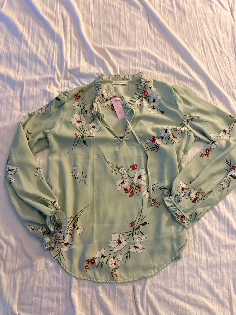 Timing Mint Green Floral V-Neck Ruffle Blouse
